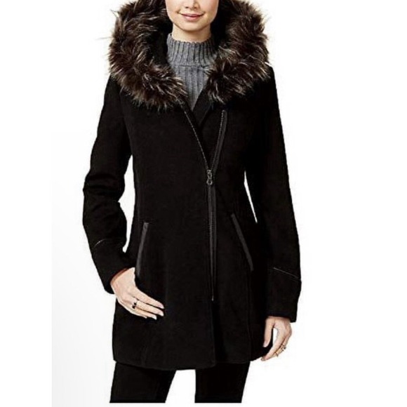 Maralyn & Me Juniors' Faux-Fur-Trim Asymmetrical Hooded‎ Coat, Black Size Small - Picture 13 of 13